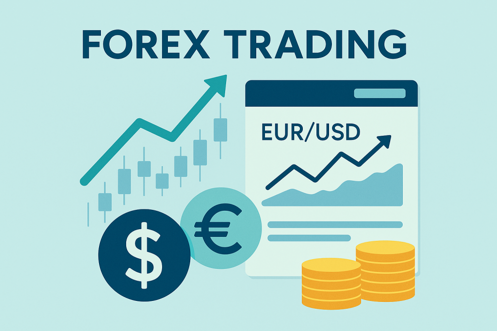FOREX TRADING illustration with chart and currency symbols